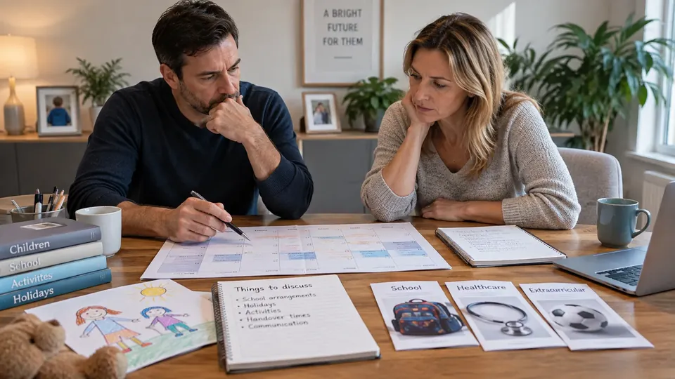 Parents planning weekly co-parenting schedule at table from Alderton Family Mediation